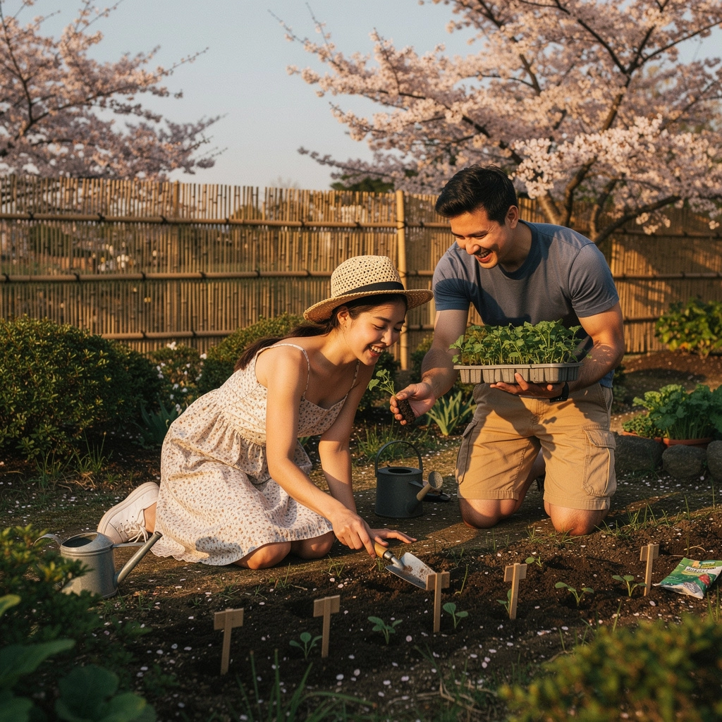 水やり用のじょうろと土が置かれたテーブル