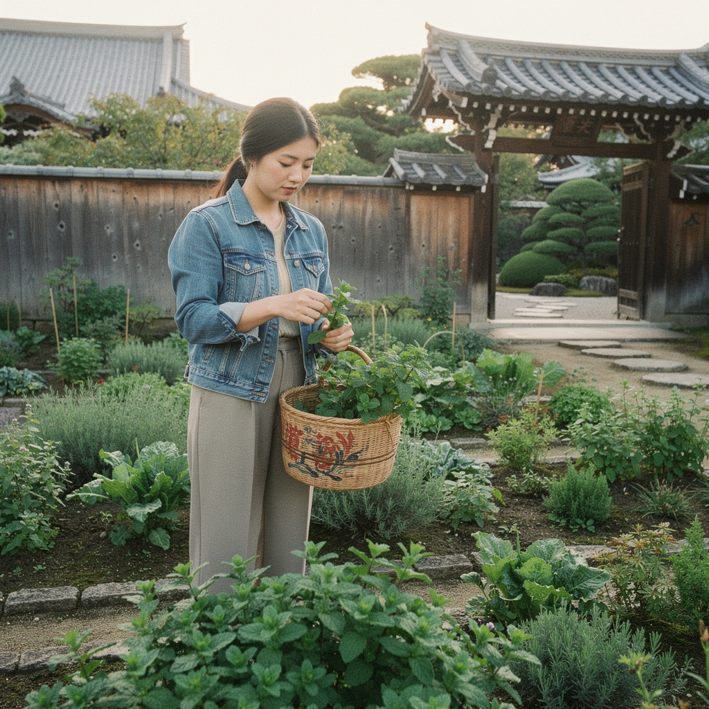 かわいいプランターに植えられたハーブ、日々の手入れが感じられる。