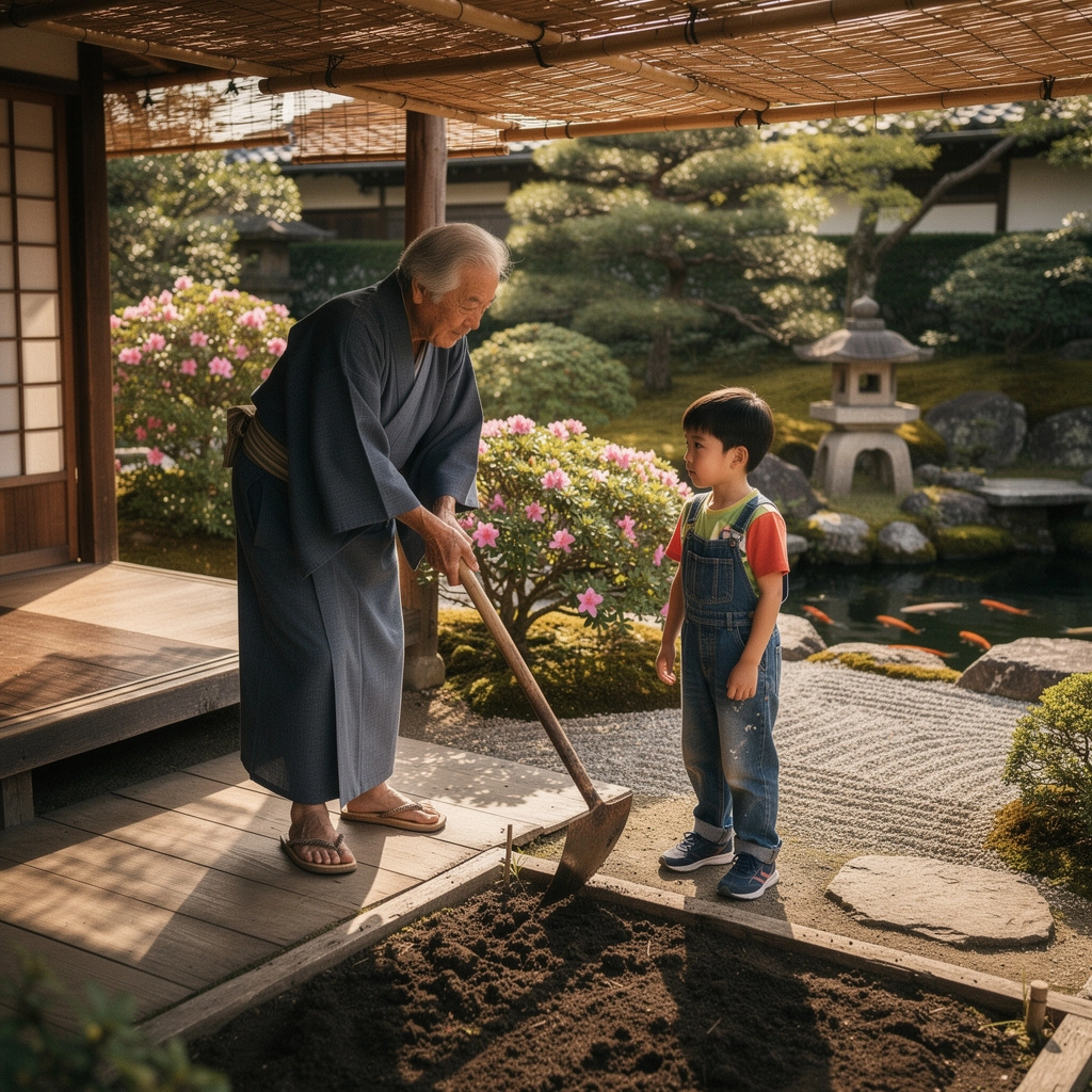 様々な種が入った木箱、ガーデニング初心者向けのガイドがそばに置かれている。
