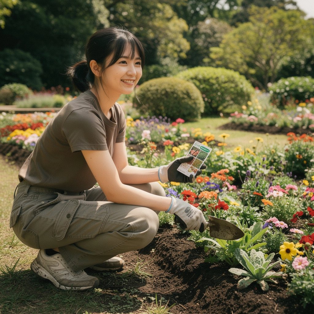 種子ガイドと栽培ノートが開かれた状態のテーブル。