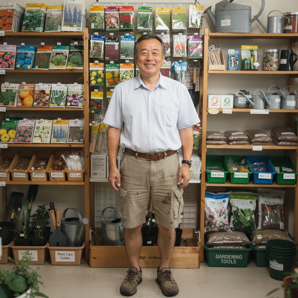 ガーデニングツールが整然と並べられた作業台の風景。